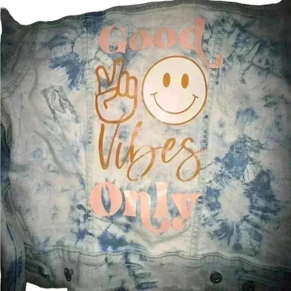 Lularoe XS tie dye denim jacket “ good vibes only”peace sign & smiley face. NWOT - Picture 3 of 8